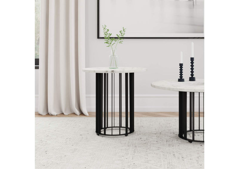 706207 Haven Round Genuine White Marble Top End Side Table Black