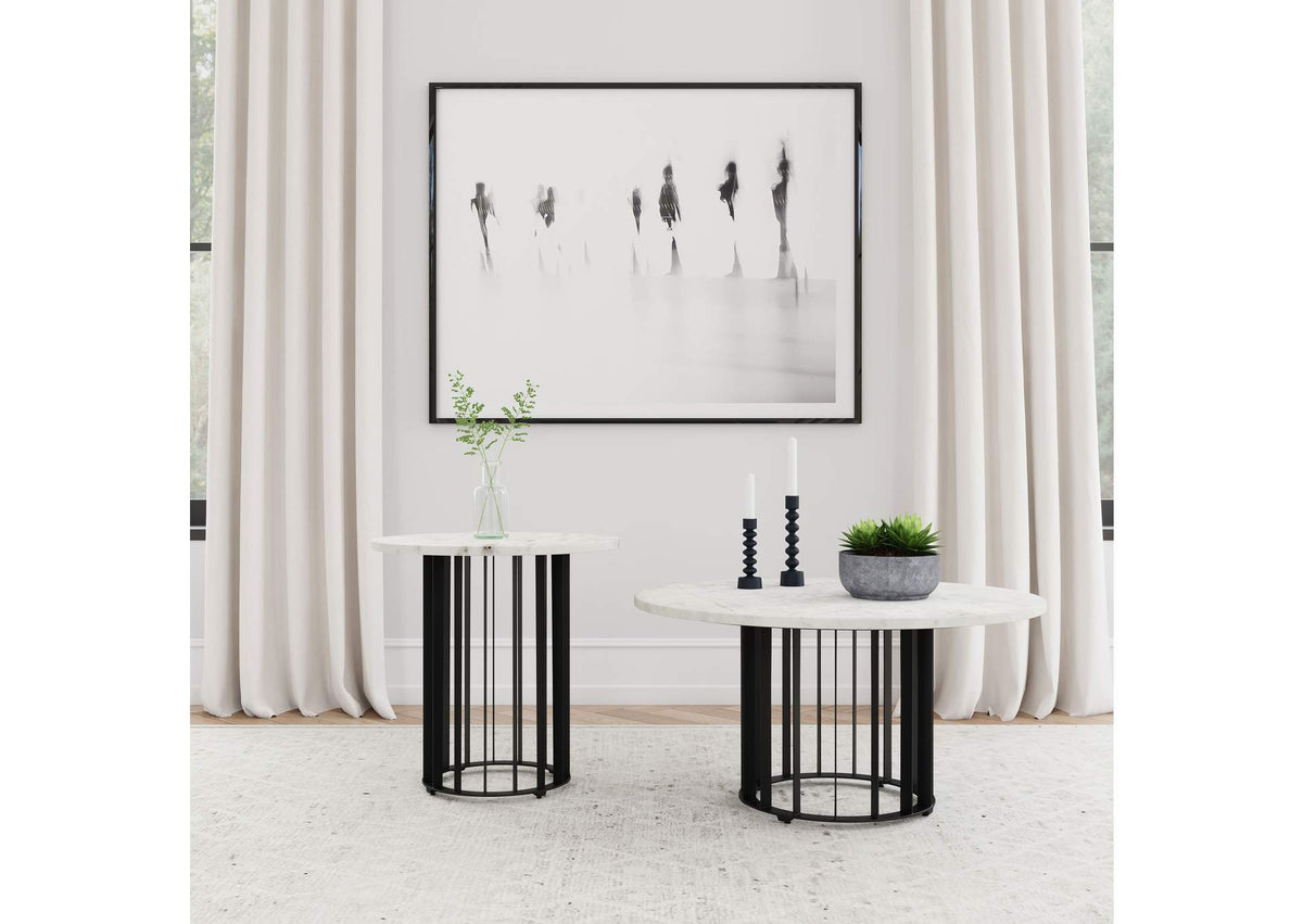 706208-S2 Haven 2-piece Round Marble Coffee and End Table Set Black