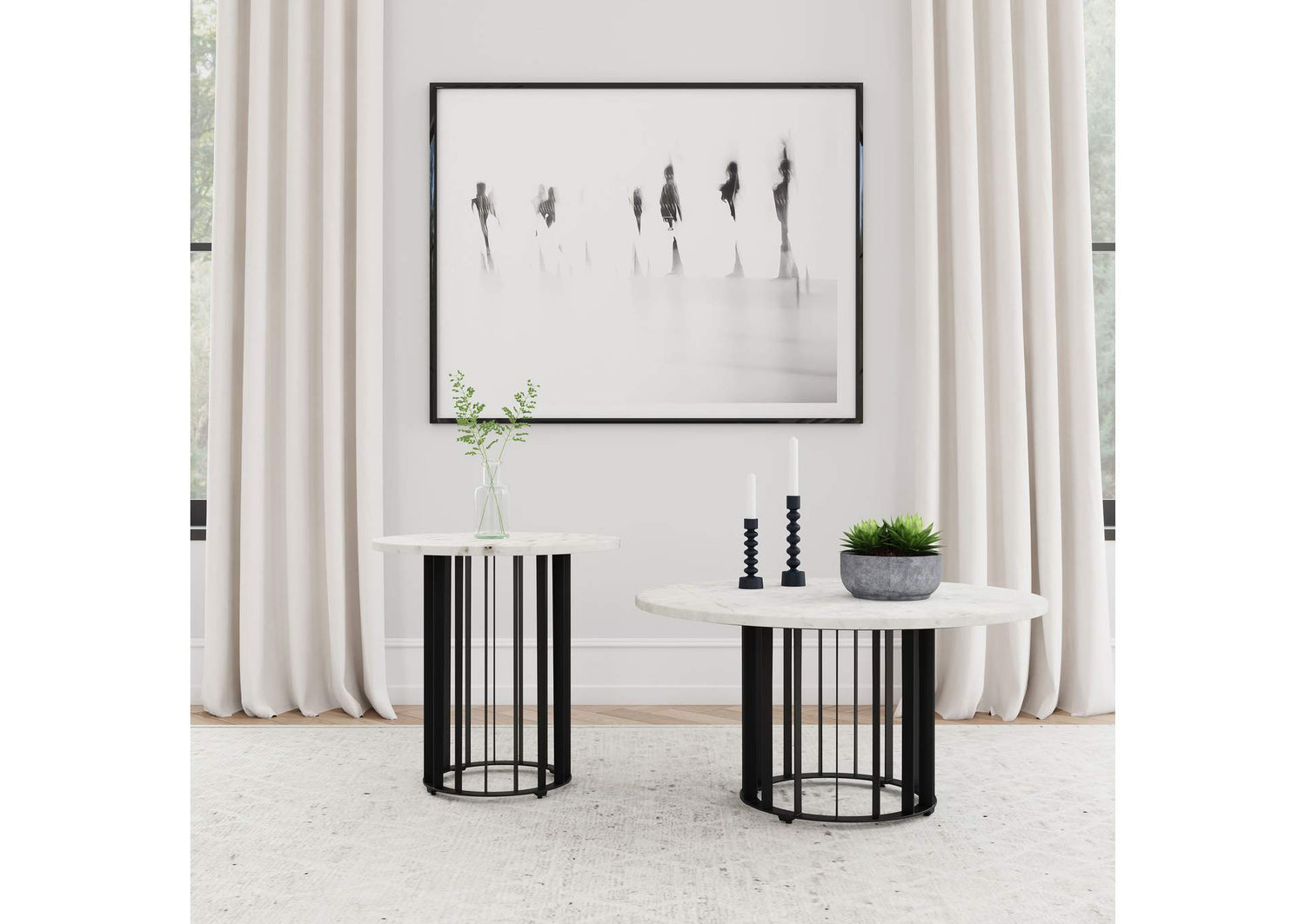 706208-S2 Haven 2-piece Round Marble Coffee and End Table Set Black