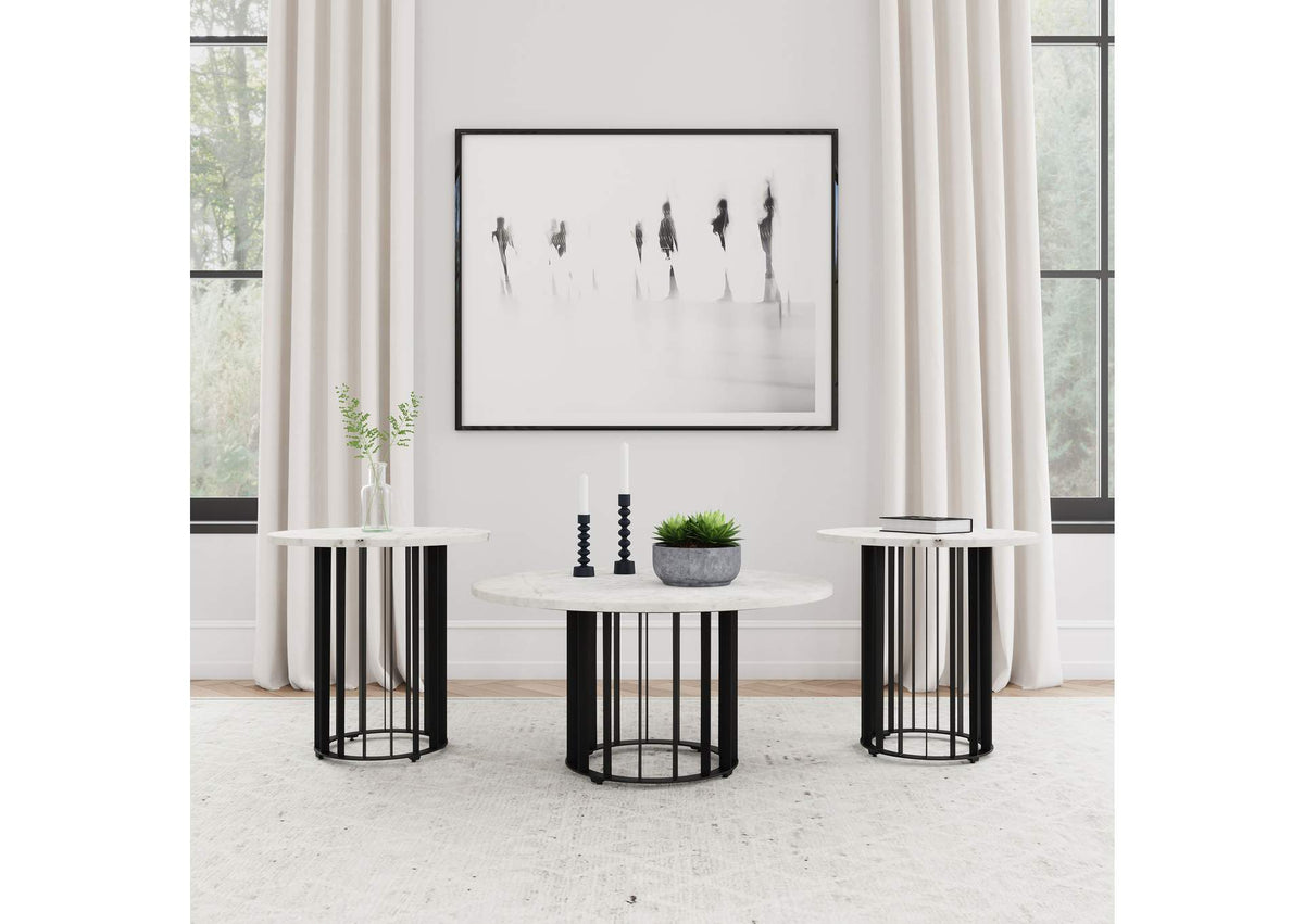 706208-S3 Haven 3-piece Round Marble Coffee and End Table Set Black