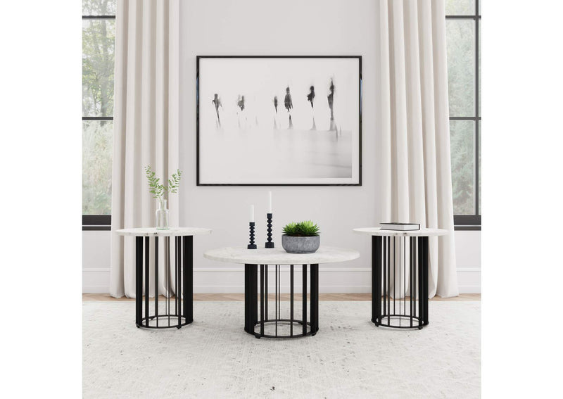 706208-S3 Haven 3-piece Round Marble Coffee and End Table Set Black