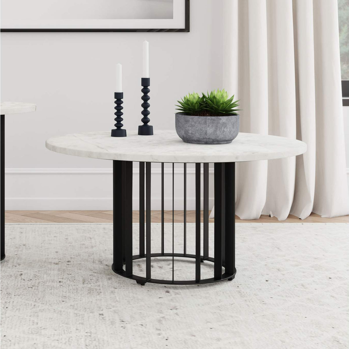 706208 Haven Round Genuine White Marble Top Coffee Table Black