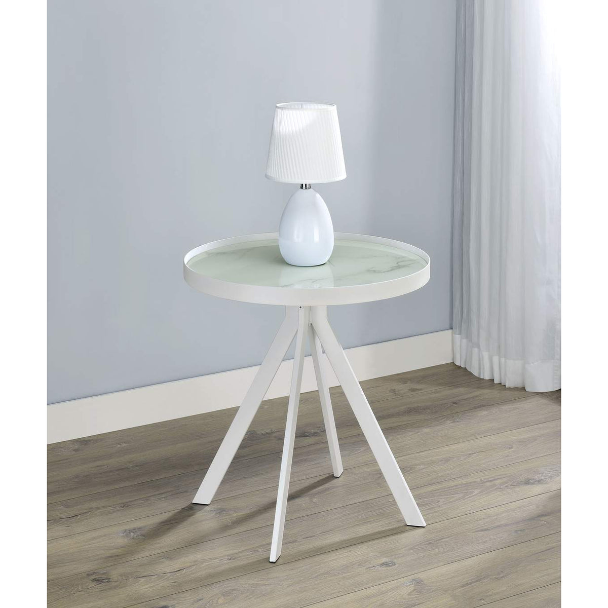 706257 Briggs Round Marble Printed Glass Top End Side Table White