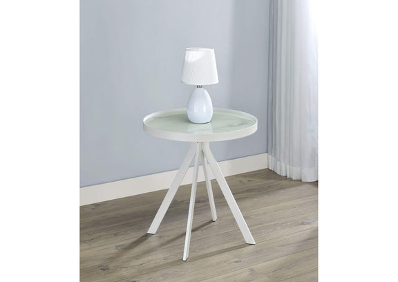 706257 Briggs Round Marble Printed Glass Top End Side Table White