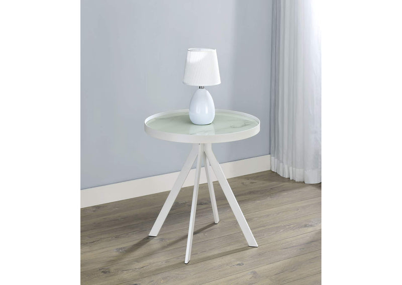 706257 Briggs Round Marble Printed Glass Top End Side Table White