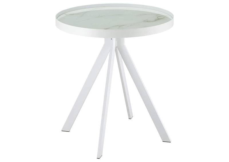 706257 Briggs Round Marble Printed Glass Top End Side Table White