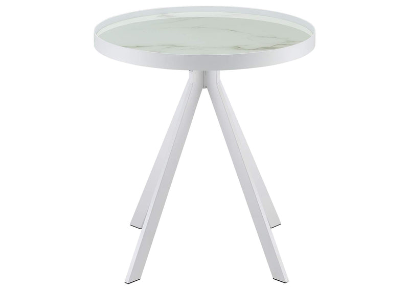 706257 Briggs Round Marble Printed Glass Top End Side Table White