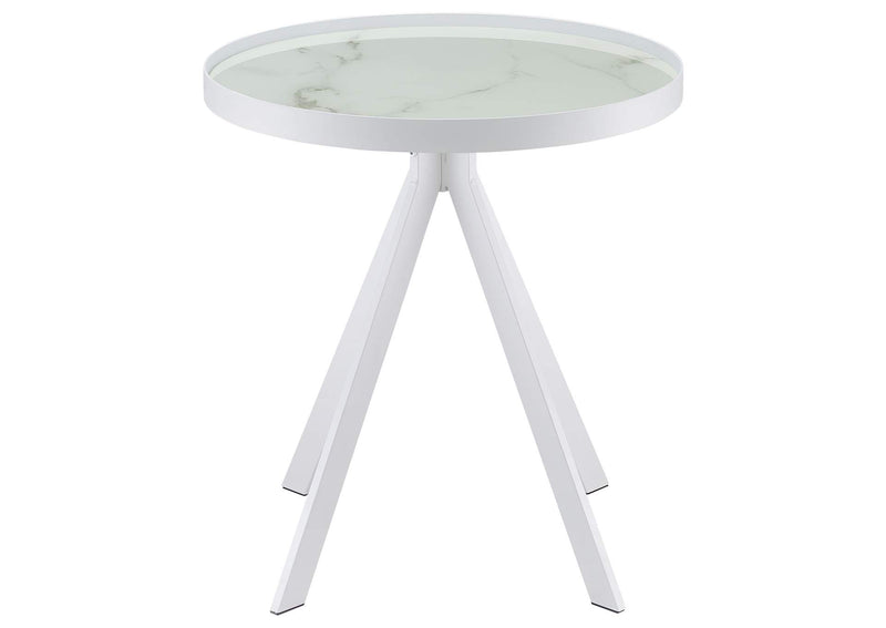 706257 Briggs Round Marble Printed Glass Top End Side Table White