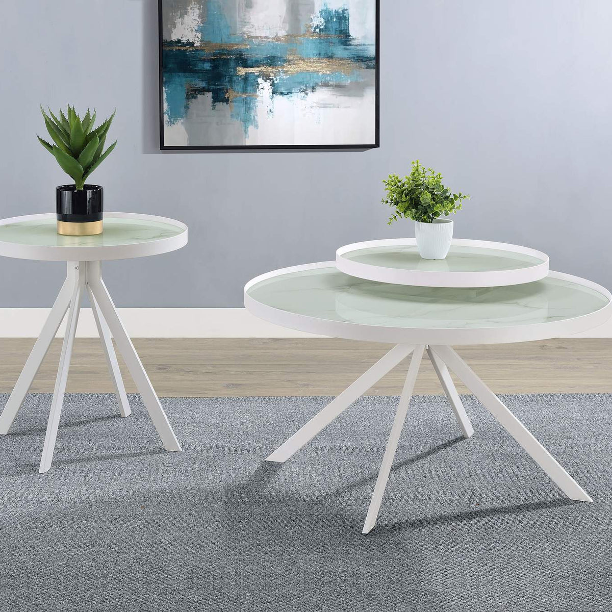706257 Briggs Round Marble Printed Glass Top End Side Table White