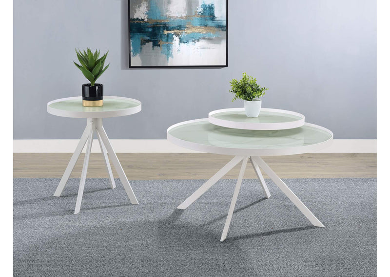 706257 Briggs Round Marble Printed Glass Top End Side Table White