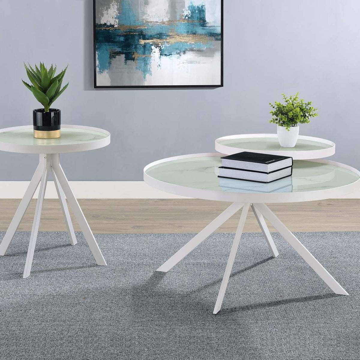 706257 Briggs Round Marble Printed Glass Top End Side Table White