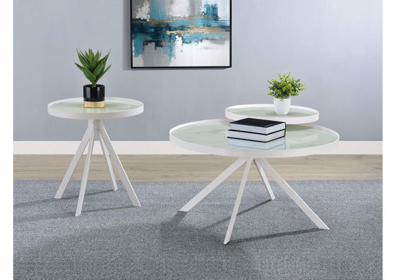 706257 Briggs Round Marble Printed Glass Top End Side Table White
