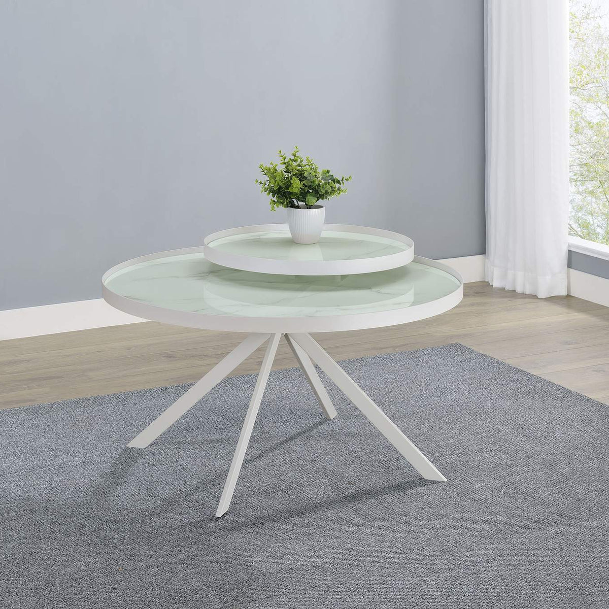 706258 Briggs Round Marble Printed Glass Top Coffee Table White