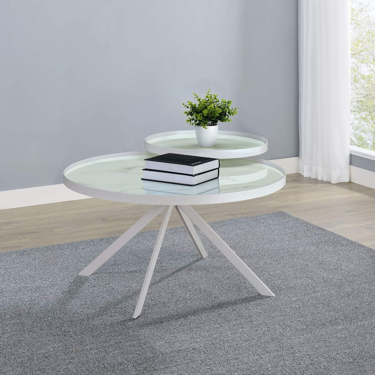 706258 Briggs Round Marble Printed Glass Top Coffee Table White