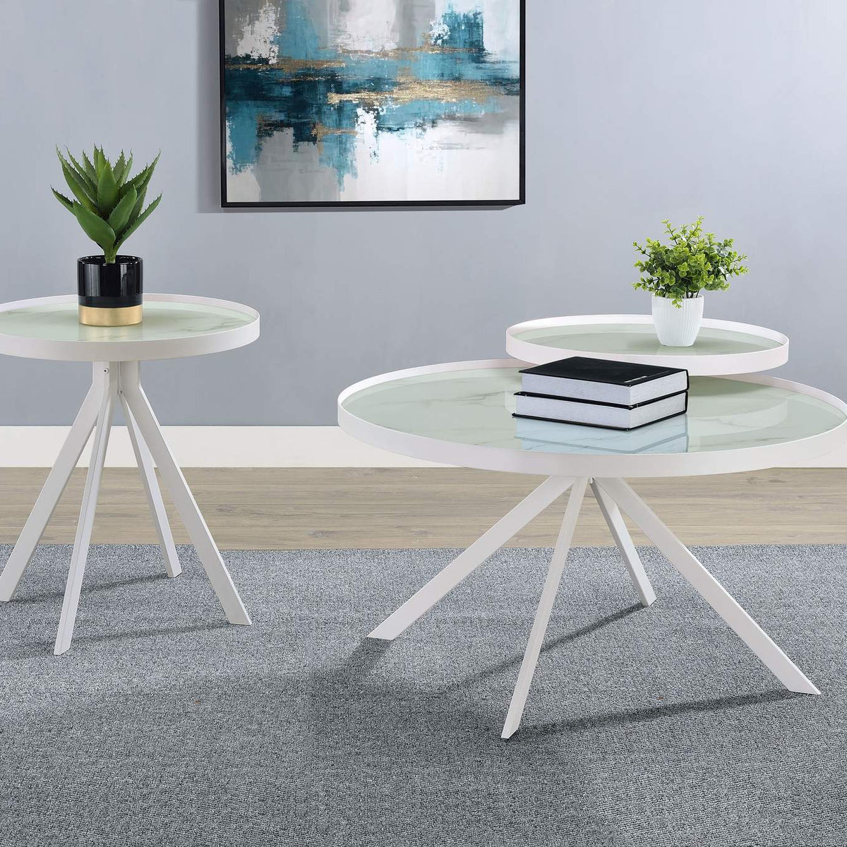 706258 Briggs Round Marble Printed Glass Top Coffee Table White