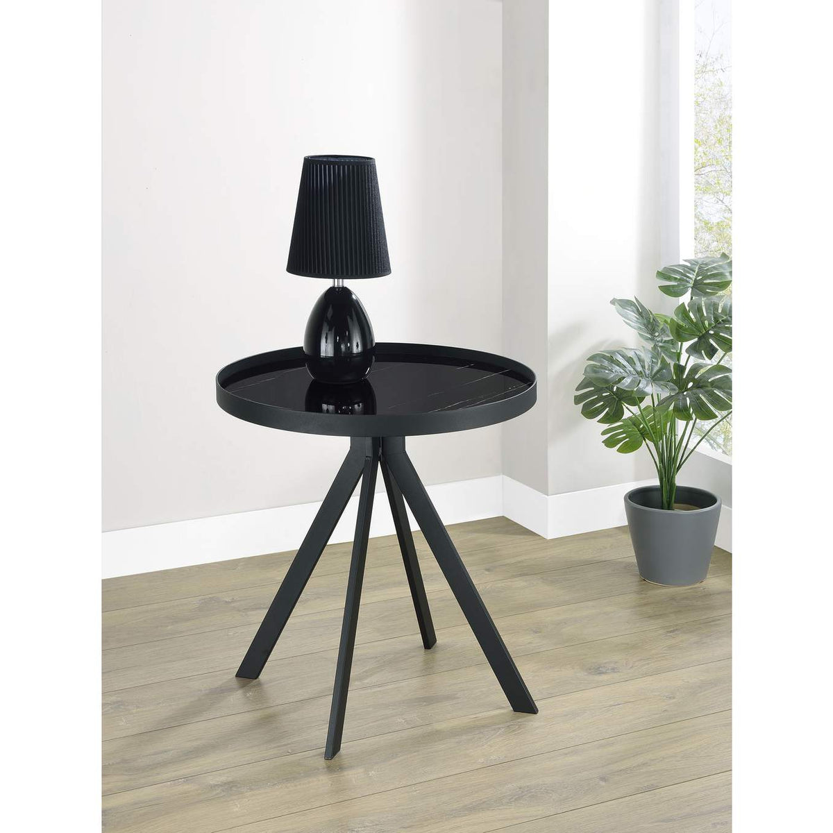 706267 Briggs Round Marble Printed Glass Top End Table Black