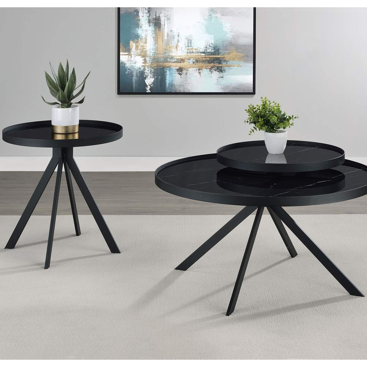 706267 Briggs Round Marble Printed Glass Top End Table Black