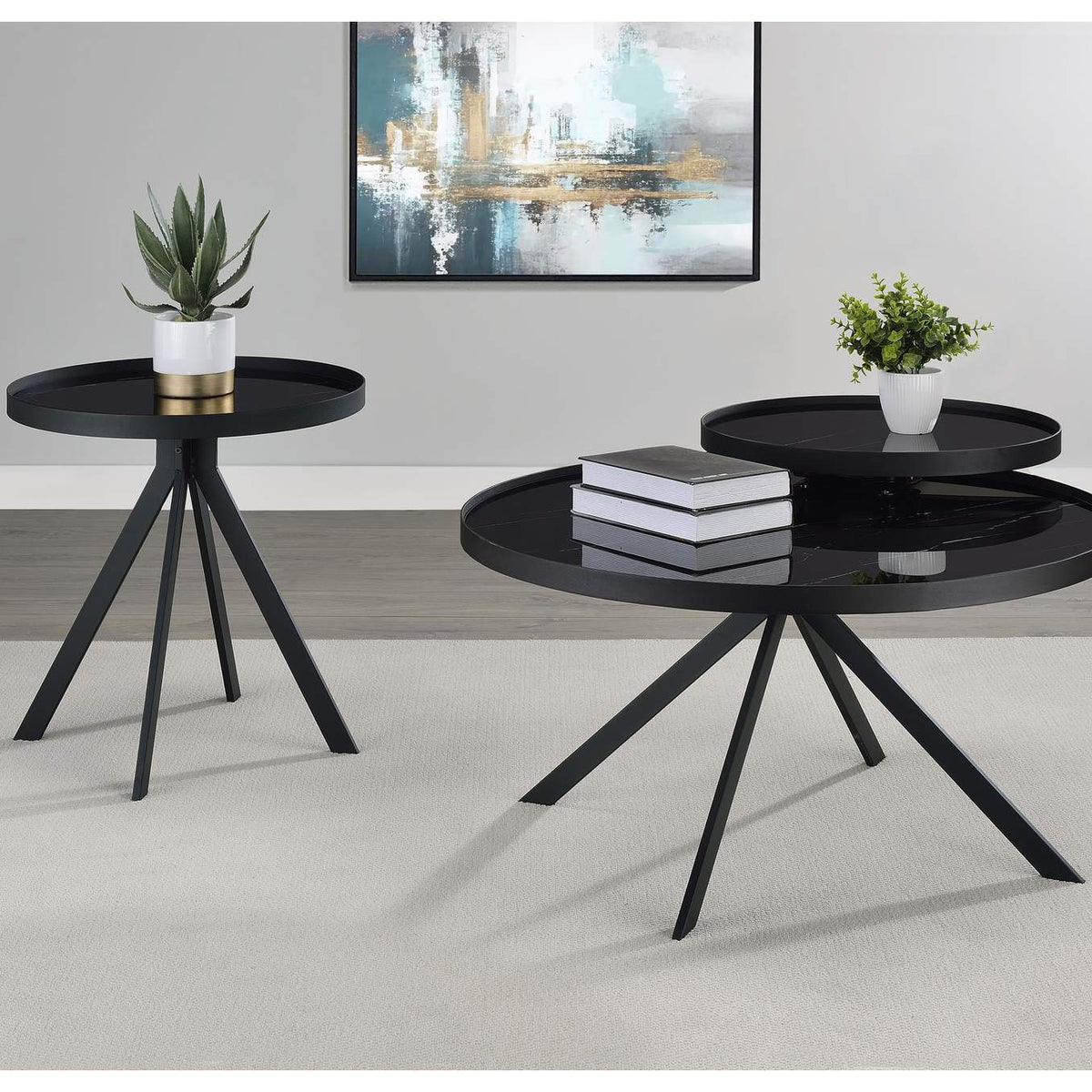706267 Briggs Round Marble Printed Glass Top End Table Black