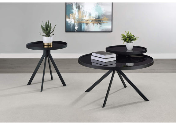 706267 Briggs Round Marble Printed Glass Top End Table Black