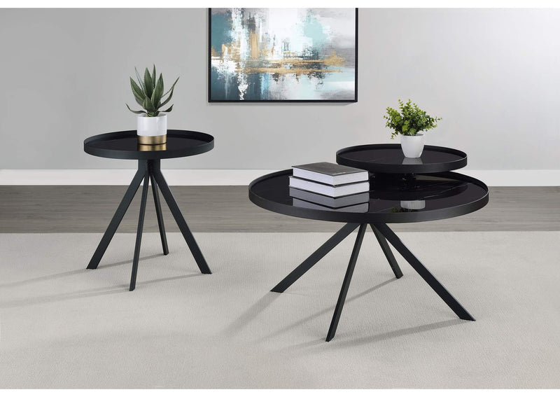 706267 Briggs Round Marble Printed Glass Top End Table Black