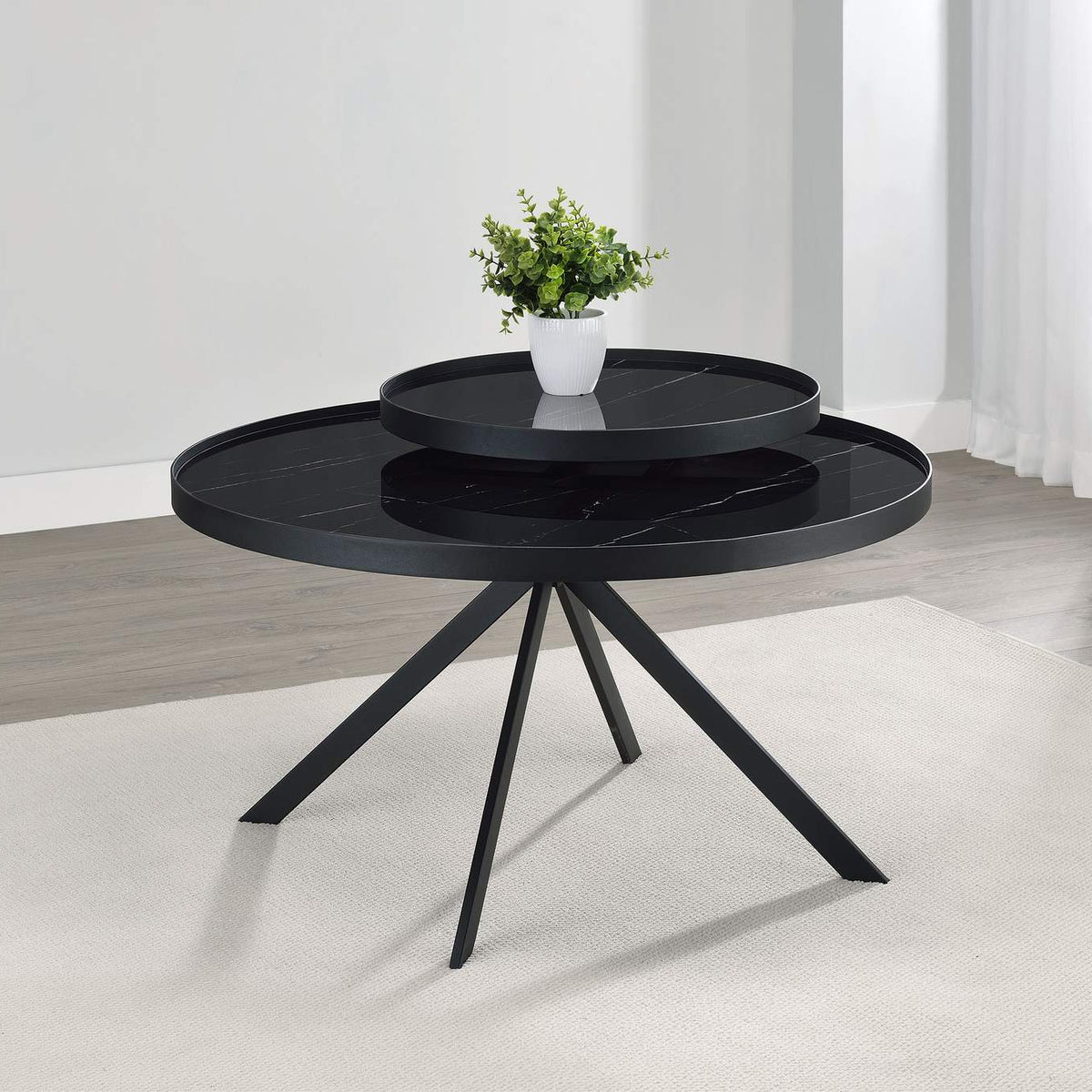 706268 Briggs Round Marble Printed Glass Top Coffee Table Black