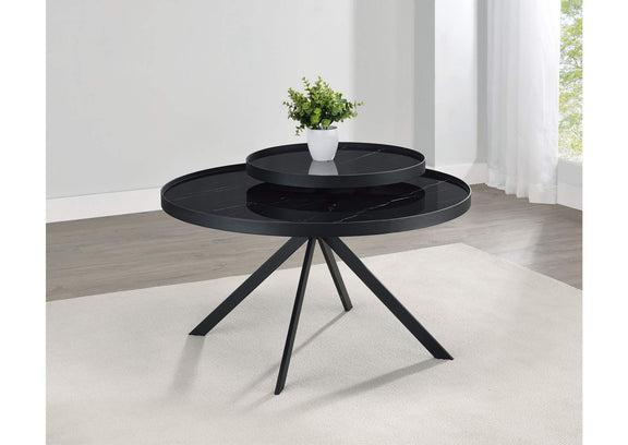 706268 Briggs Round Marble Printed Glass Top Coffee Table Black