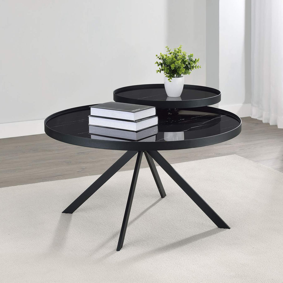 706268 Briggs Round Marble Printed Glass Top Coffee Table Black