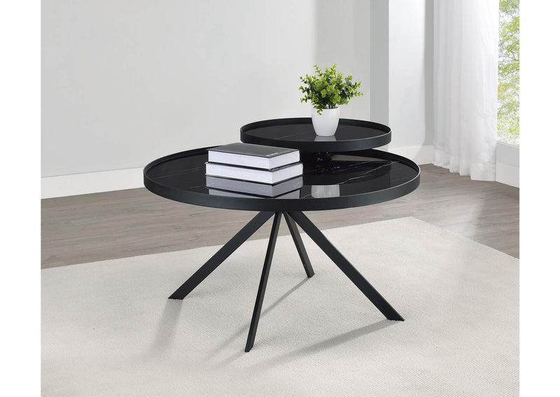706268 Briggs Round Marble Printed Glass Top Coffee Table Black