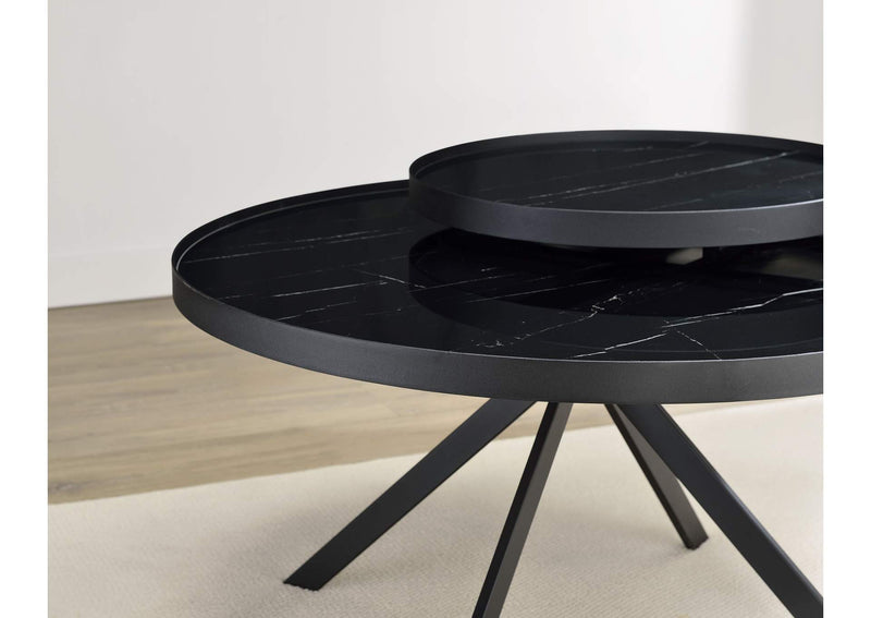 706268 Briggs Round Marble Printed Glass Top Coffee Table Black