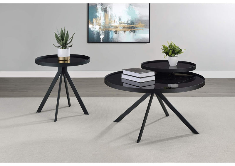 706268 Briggs Round Marble Printed Glass Top Coffee Table Black