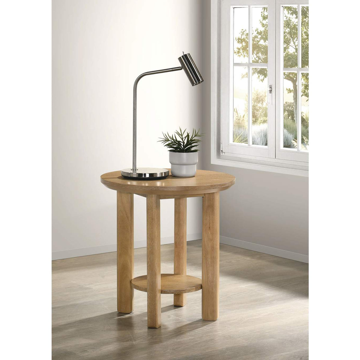 706297 Ottowa Round Wood Side End Table with Shelf Light Oak