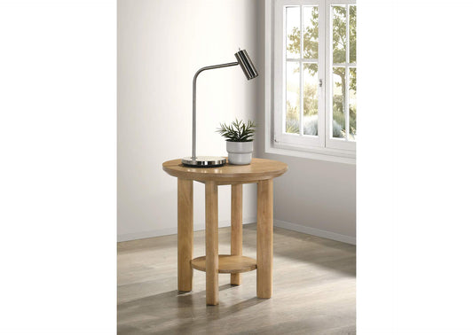 706297 Ottowa Round Wood Side End Table with Shelf Light Oak