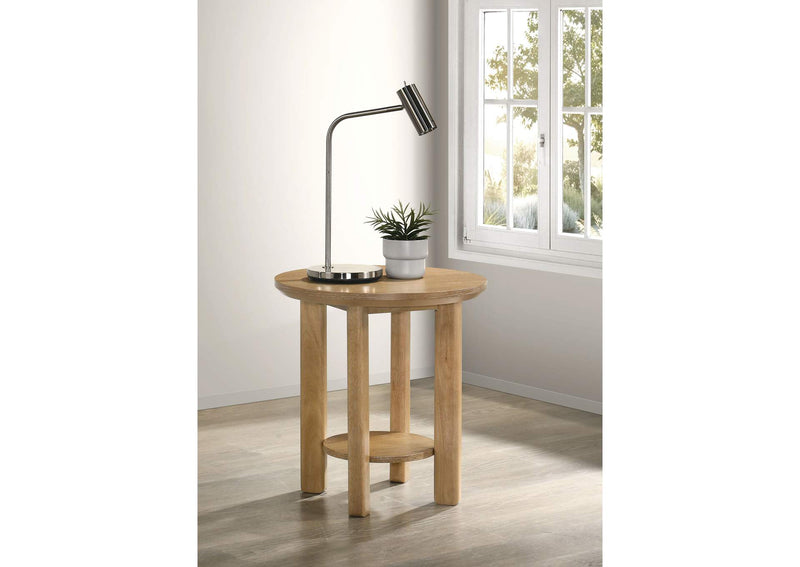 706297 Ottowa Round Wood Side End Table with Shelf Light Oak
