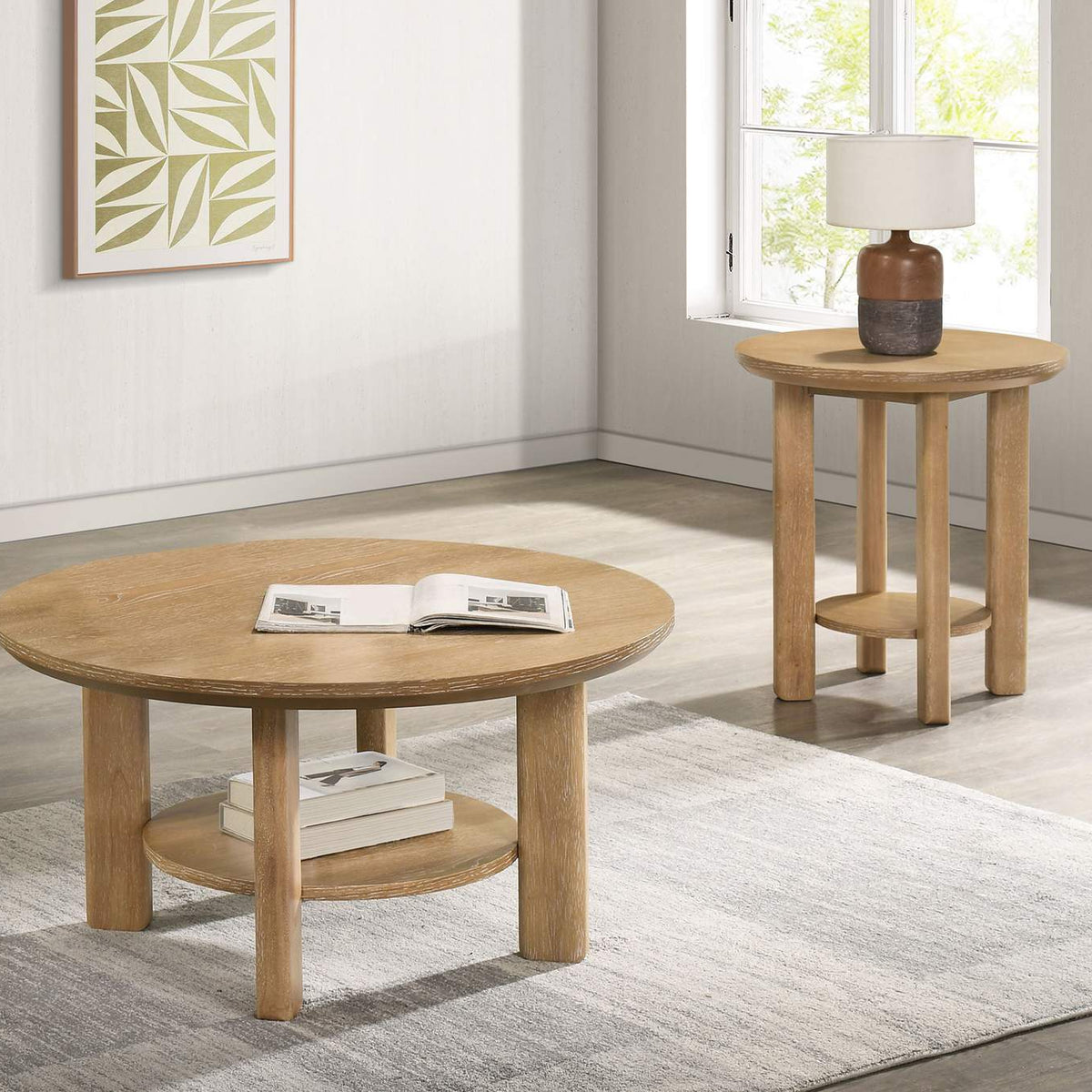 706297 Ottowa Round Wood Side End Table with Shelf Light Oak