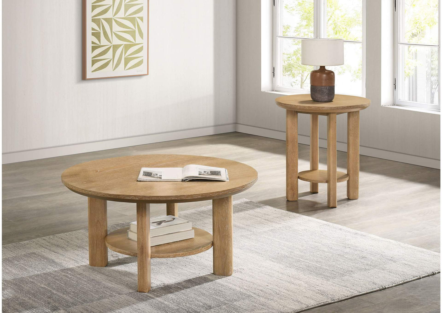 706298-S2 Ottowa 2-piece Round Wood Coffee Table Set Light Oak