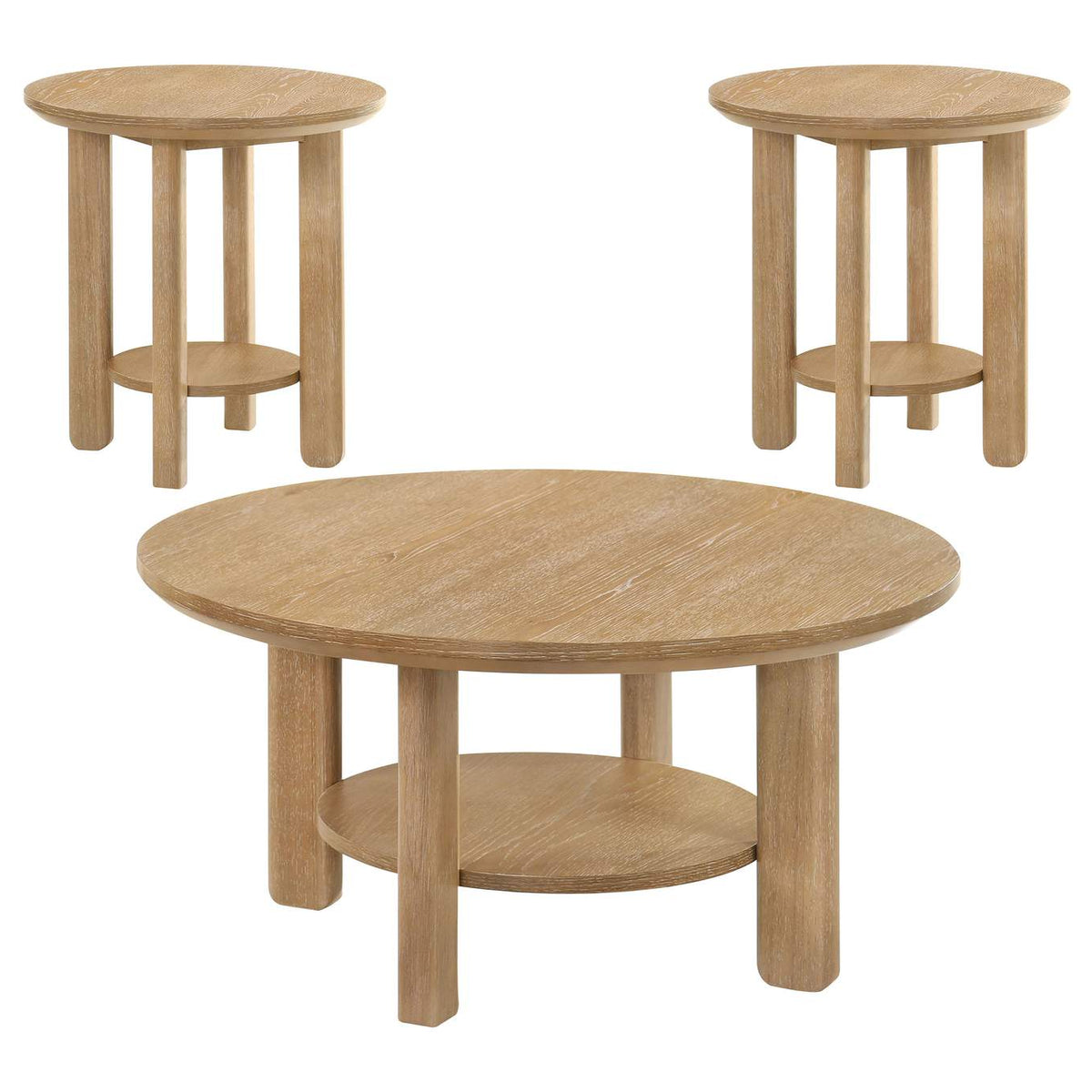 706298-S3 Ottowa 3-piece Round Wood Coffee Table Set Light Oak