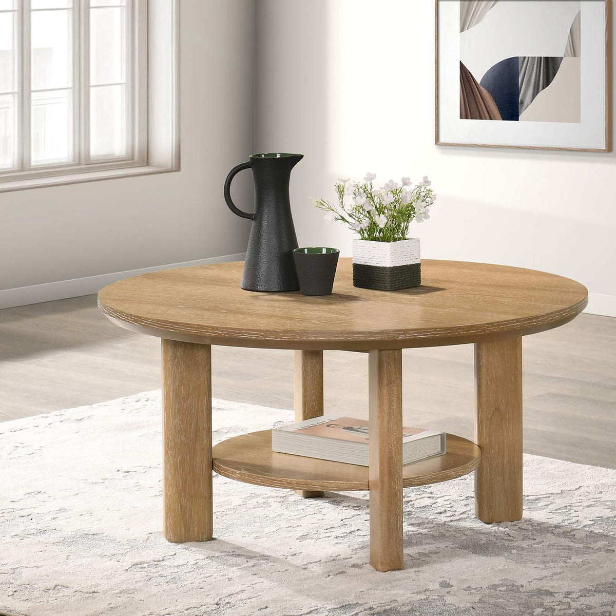 706298 Ottowa 36-inch Round Wood Cocktail Coffee Table Light Oak
