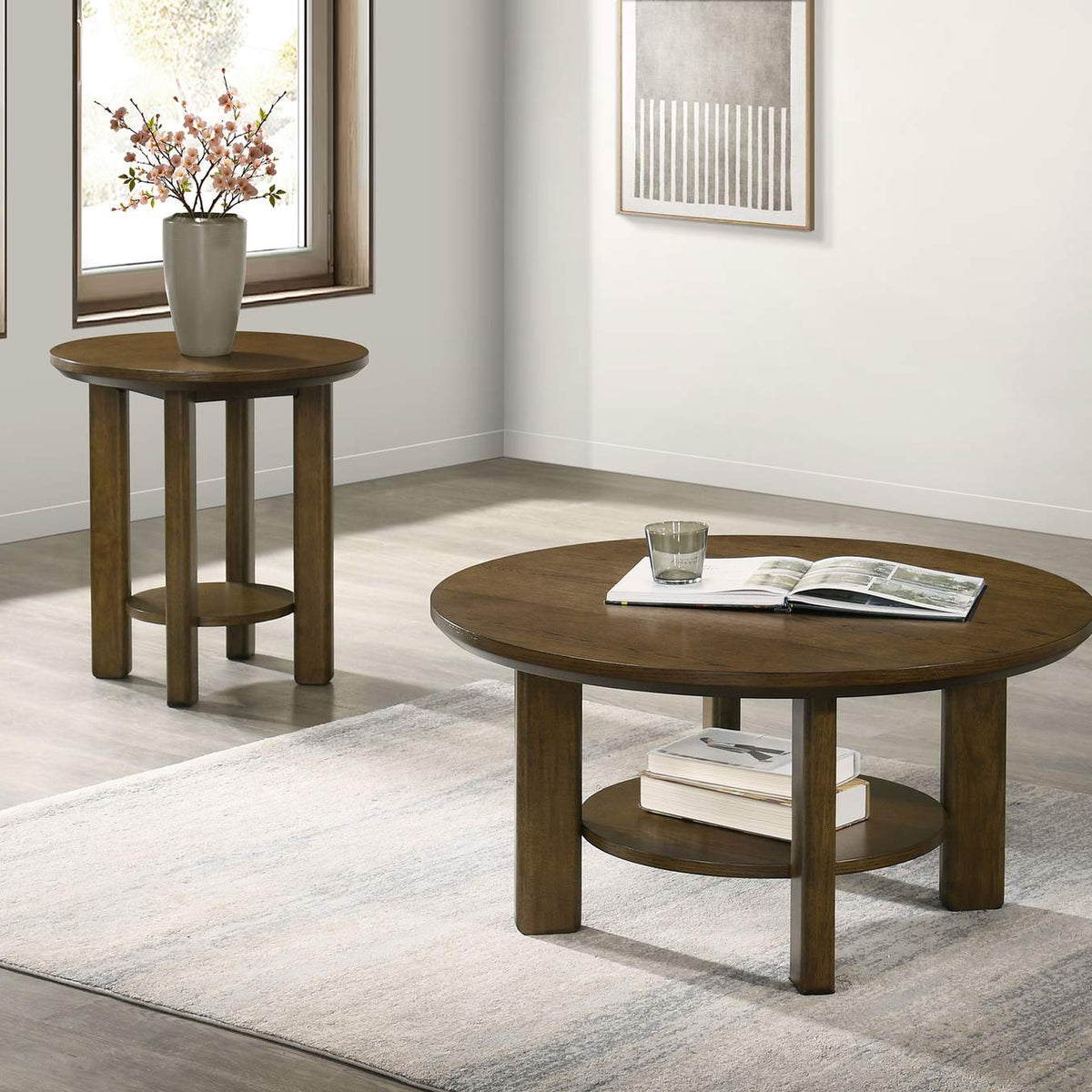 706307 Ottowa 22-Inch Round Wood Side End Table with Shelf Brown