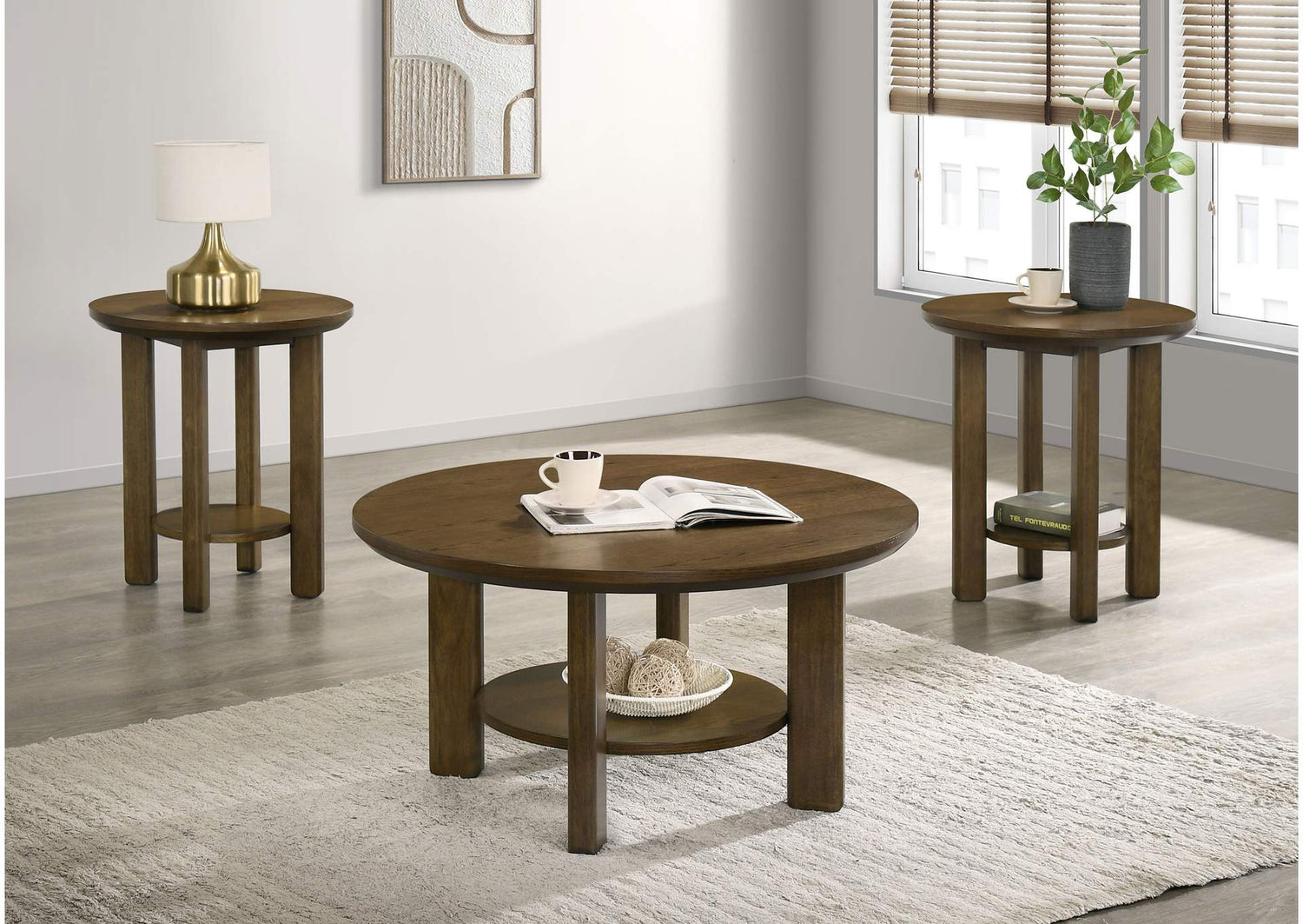 706308-S3 Ottowa 3-piece Round Wood Coffee Table Set Brown