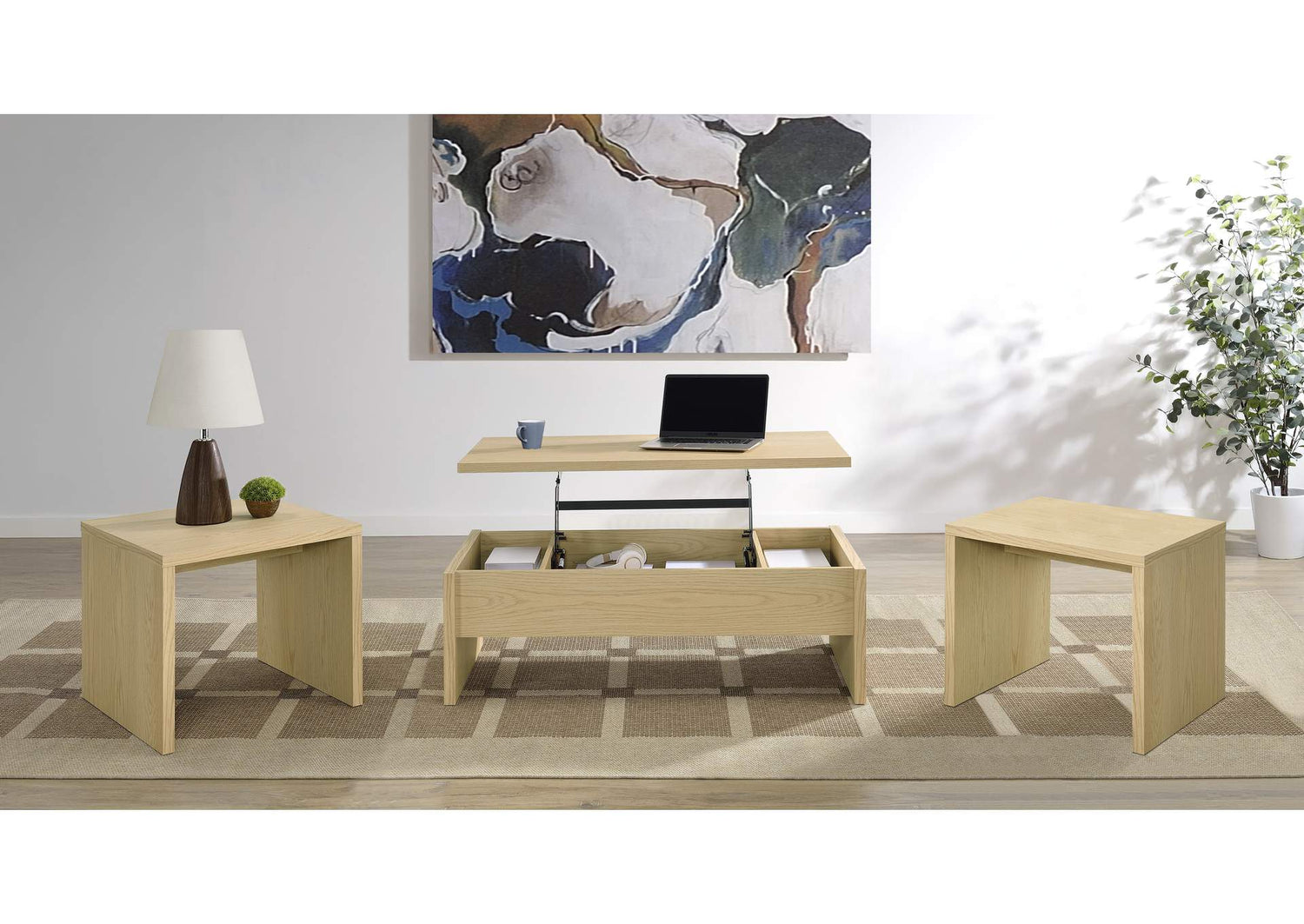 706348-S3 Canoga 3-piece Lift Top Cocktail Coffee Table Set Light Oak