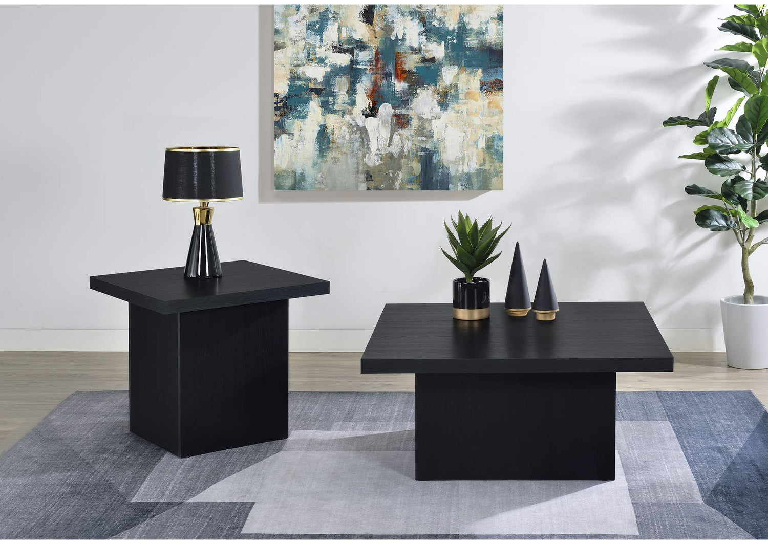 706408-S2 Devar 2-piece Square Cocktail Coffee End Table Set Black