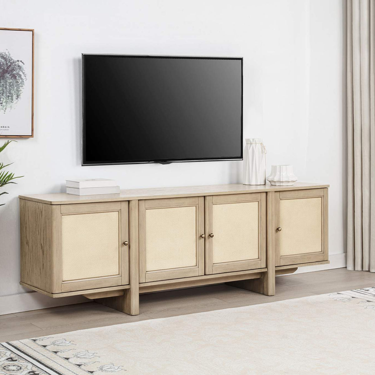 706583 Kailani 79-inch 4-door Cane TV Stand Media Console Beige Oak
