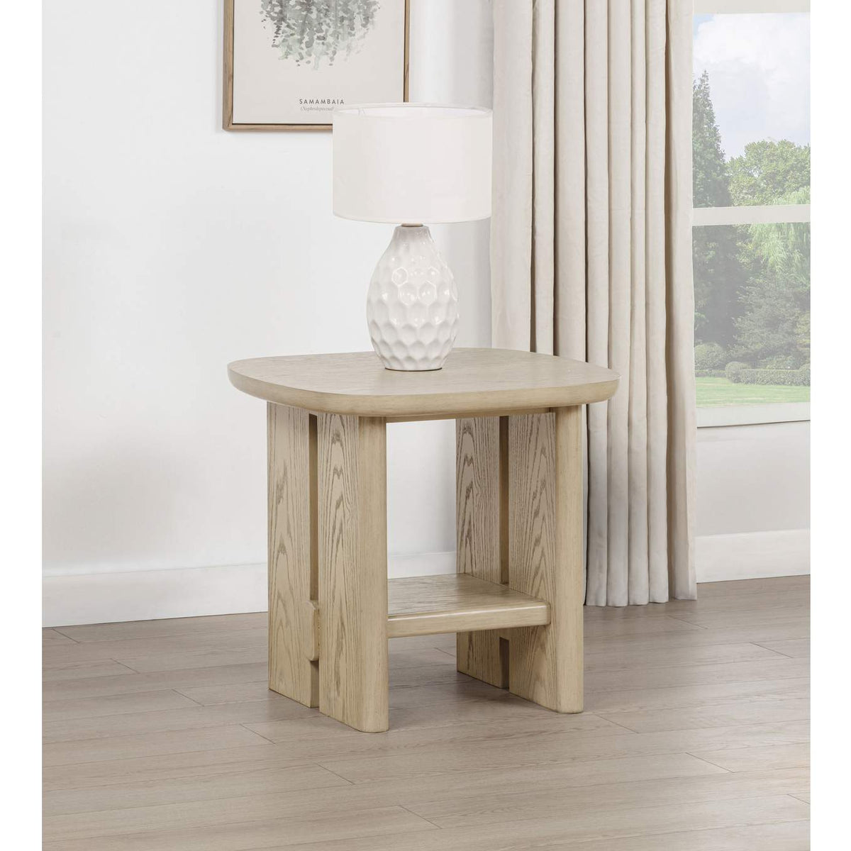 706587 Kailani Coastal Square End Side Table with Shelf Beige Oak