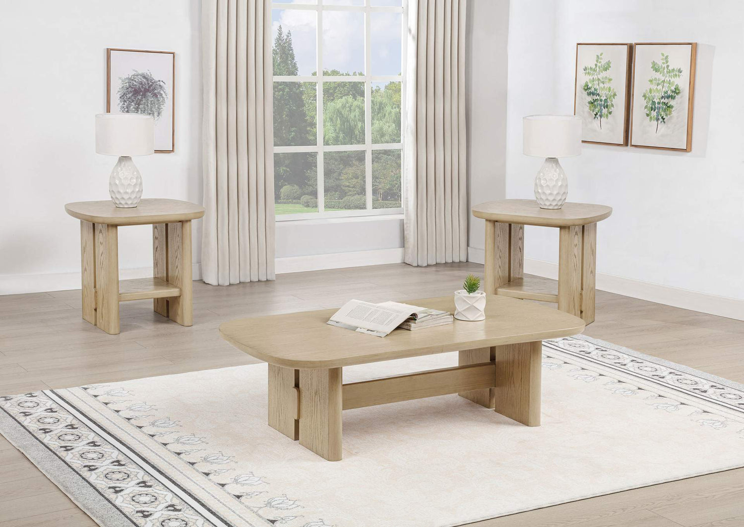 706588-S3 Kailani 3-piece Coastal Coffee and End Table Set Beige Oak