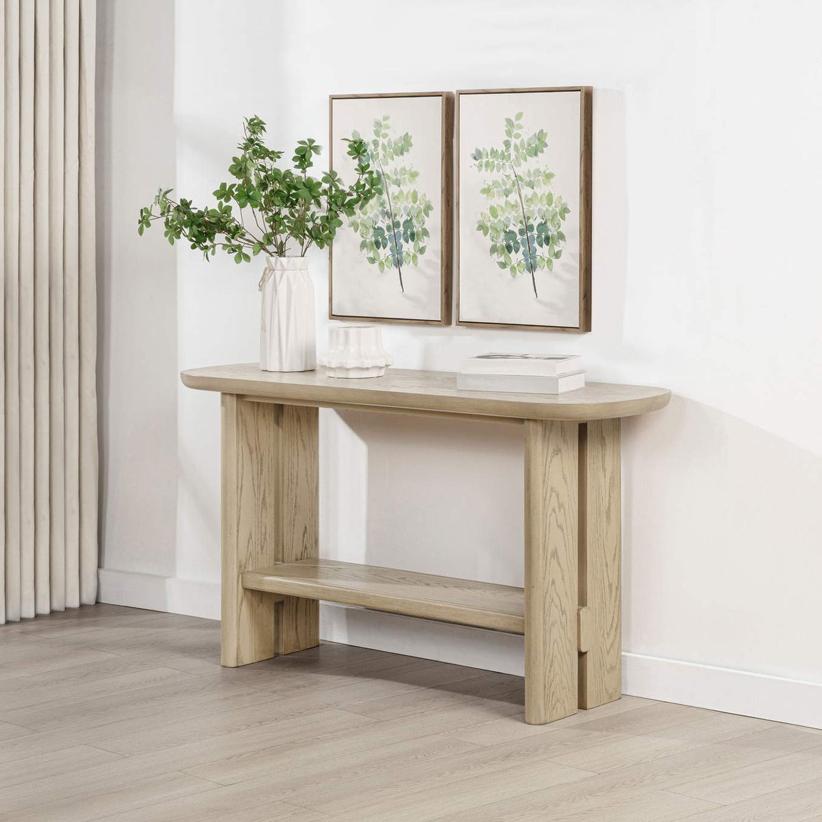 706589 Kailani Coastal Sofa Console Table with Shelf Beige Oak