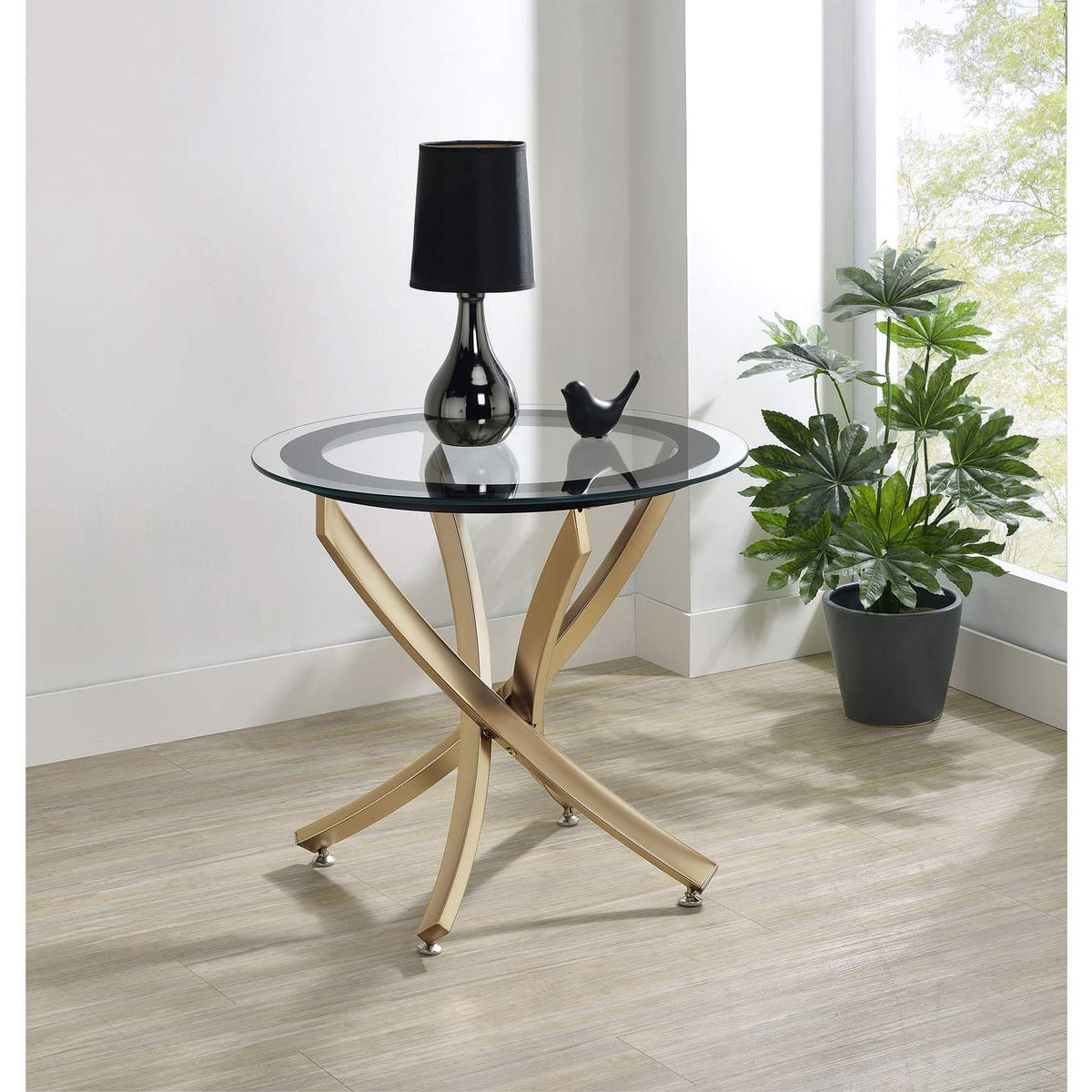 707887 Brooke Round Glass Top Side End Table Metal Base Brass