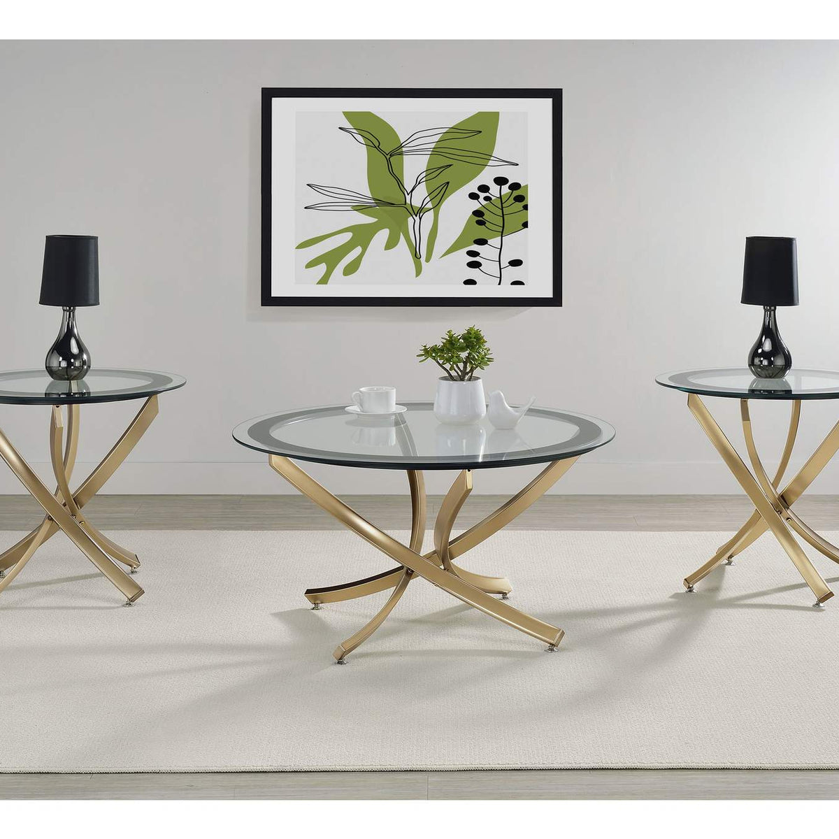 707888-S3 Brooke 3-piece Round Coffee and End Table Set Rose Brass