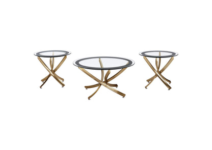 707888-S3 Brooke 3-piece Round Coffee and End Table Set Rose Brass