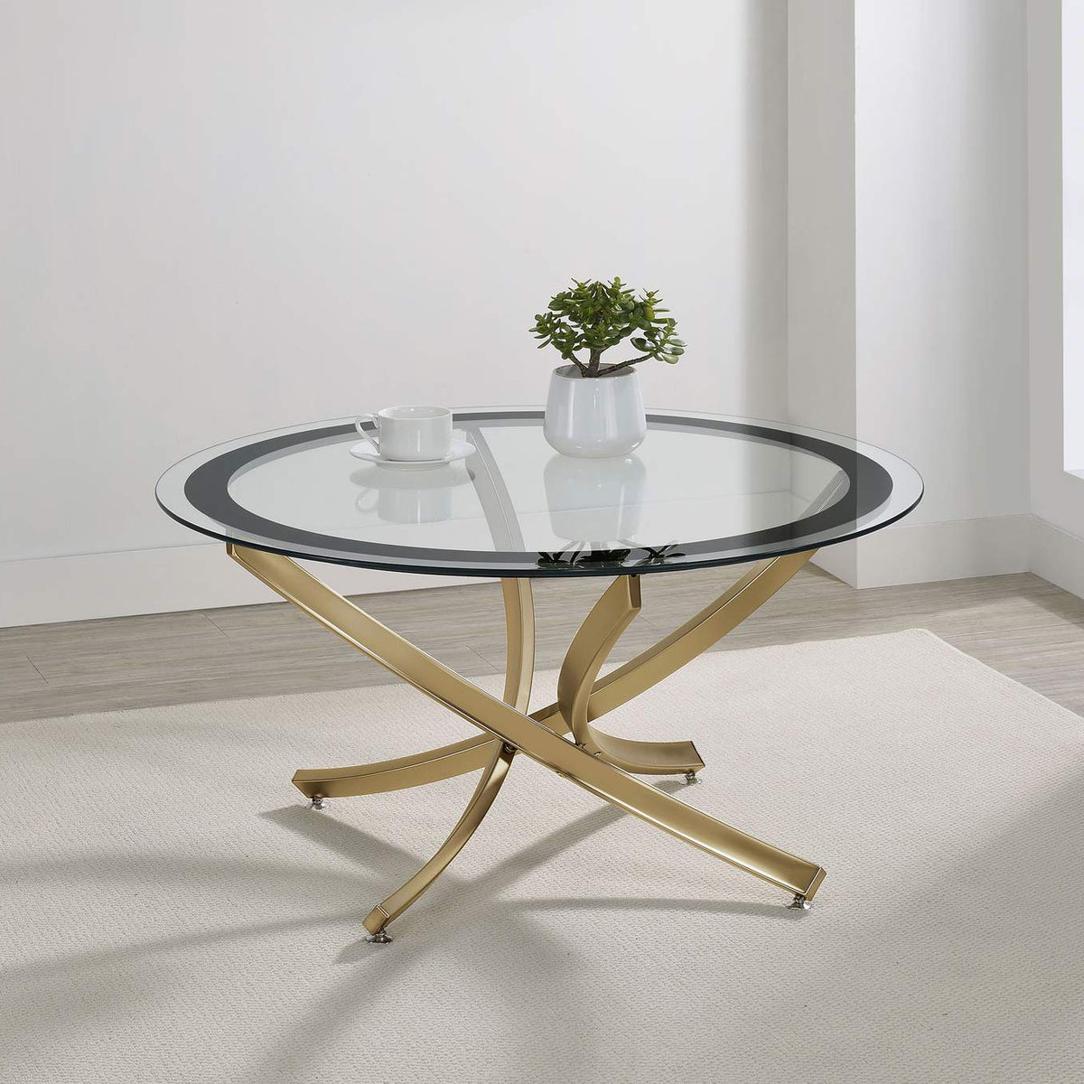 707888 Brooke Round Glass Top Coffee Table Metal Base Brass