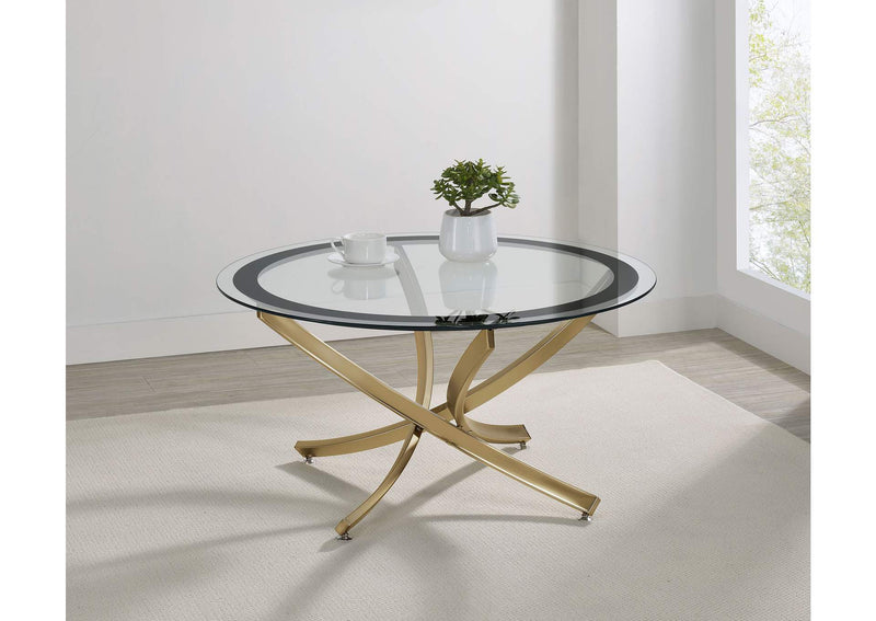 707888 Brooke Round Glass Top Coffee Table Metal Base Brass